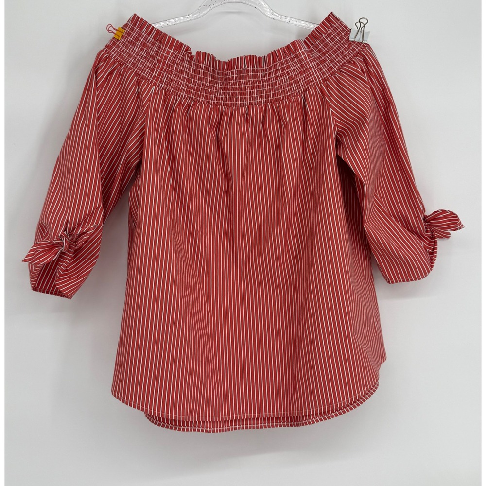Chicos Red White Striped Off Shoulder Blouse 3/4 Tie Sleeve Top Sz 3 US 16 18